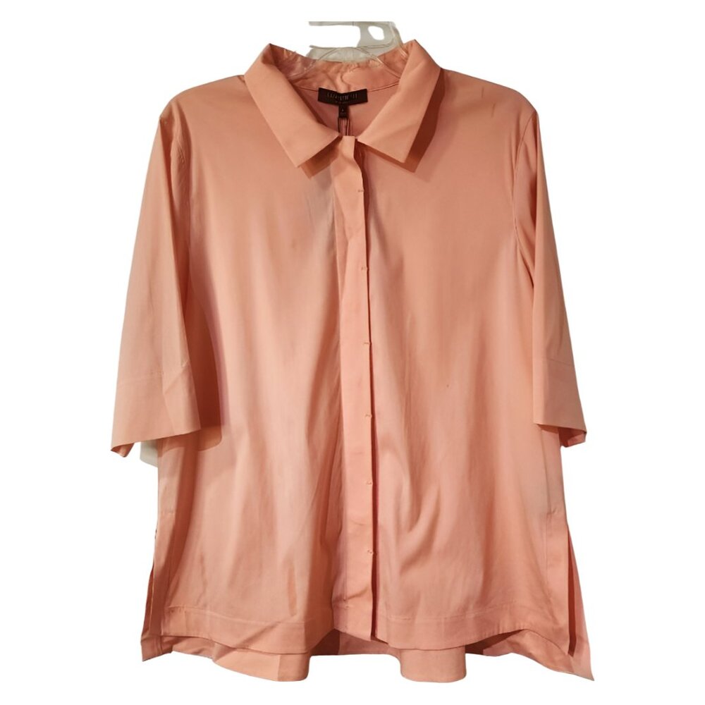 LAFAYETTE 148 NEW YORK Sz L Cotton Polyamide Short Sleeve Shirt Peach Pink $488